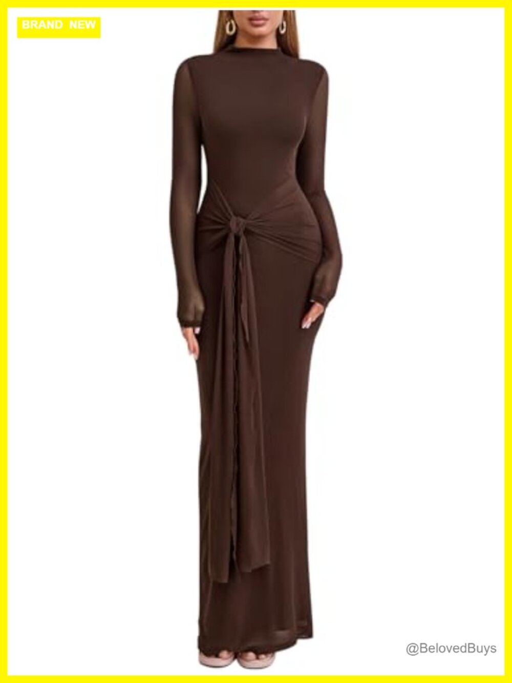 Long Sleeve Bodycon Maxi Dress Mesh Silk Lined Open Back Wedding Guest Formal